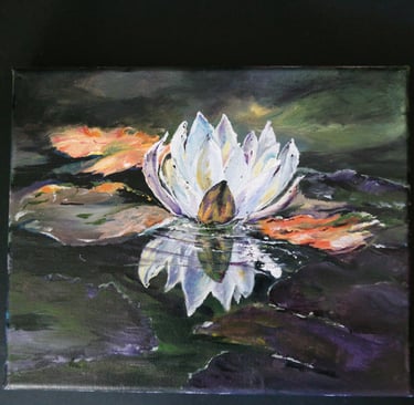 a painting of a white water lily  and its reflection