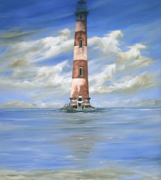 a painting of a lighthouse surrounded by horse-shaped clouds