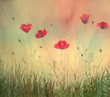 an oil painting of red poppies in a sun-drenched field