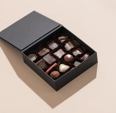 a box of chocolates with chocolates and chocolates