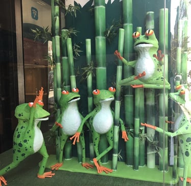 ranas decorativas para escaparate de mutua de cataluña, decoración, volumen, 3d