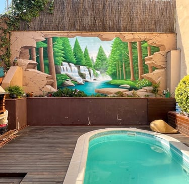 Mural en una casa particular. Mural en un jardín con piscina.