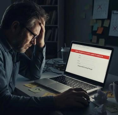 Business owner looking stressed while checking a website contact form on a computer