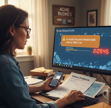 A business owner reviewing 'Golden Evidence' documents at a desk while a Google Business Profile das