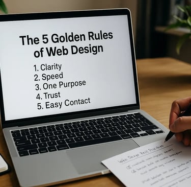 Laptop showing the 5 golden rules of web design on a desk