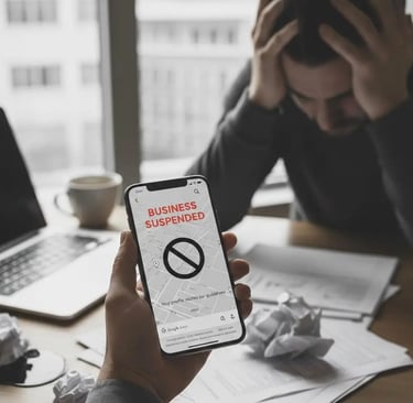 A close-up, ultra-realistic photo of a person holding a smartphone displaying a 'BUSINESS SUSPENDED'