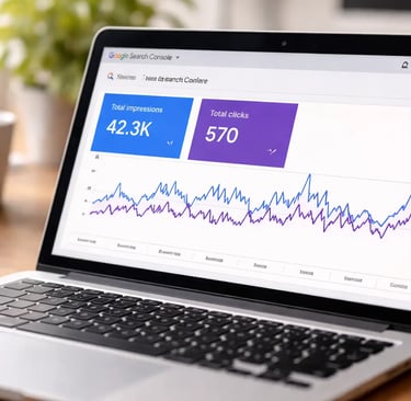 Google Search Console showing impressions and clicks performance on a laptop screen