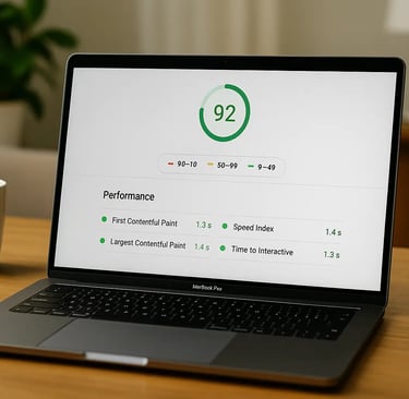 Laptop running a Google PageSpeed test as part of a UK web designer test