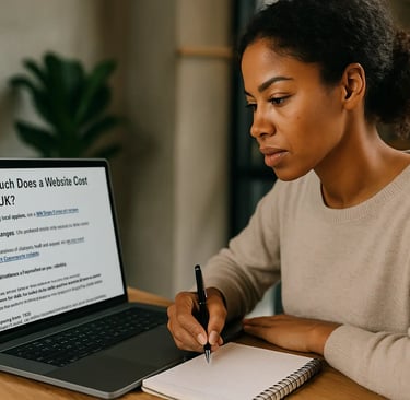 woman reviewing website cost information on a laptop in an office