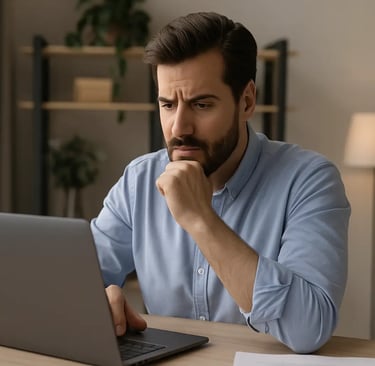 Business owner reviewing website on laptop in home office
