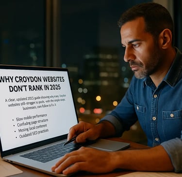 person reviewing website ranking issues on a laptop in an office