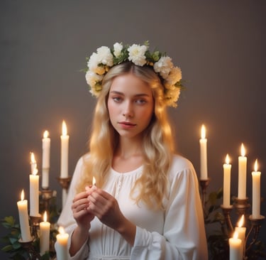 A young, blond girl with candles on her head 