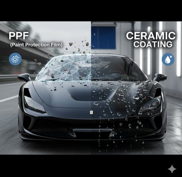 Visual Comparison PPF (Paint Protection Film) vs. Ceramic Coating.