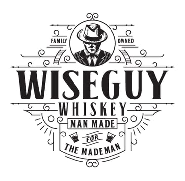 Vintage whiskey label logo with a portrait of a gangster man in a hat.