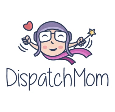 A funny logo of a flying sorceress mother, wand in hand and wearing a pilot's helmet. For the childr