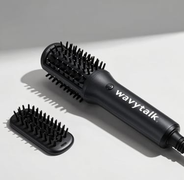 A black Wavytalk thermal hair straightening brush with a detachable brush head for versatile styling.
