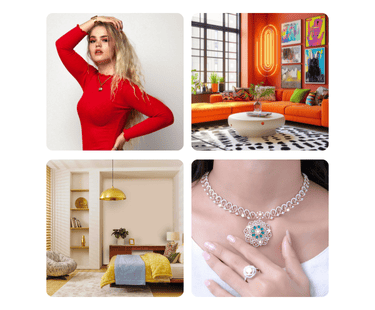 Collage of top Pinterest niches including fashion, jewelry, home decor, and furniture brands
