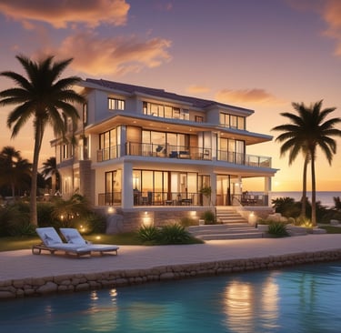 Scenic countryside villa surrounded by lush greenery and hills.