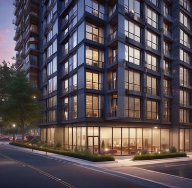 Modern apartment building with balconies overlooking a city skyline at sunset.