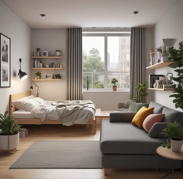 Contemporary office space with large windows and modern design.