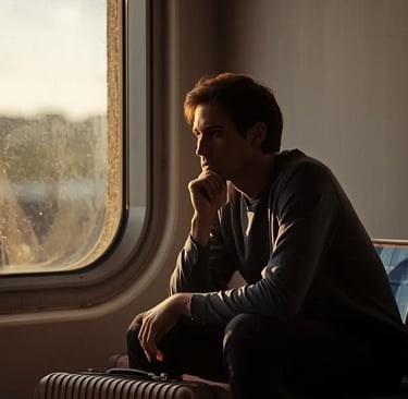 Young man gazing thoughtfully out train window during golden hour journey with luggage beside him
