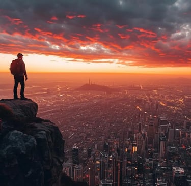 Hiker with backpack standing on mountain cliff overlooking vast city skyline at dramatic sunset with