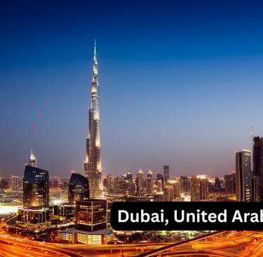 A dramatic long-exposure photograph of the modern Dubai skyline at twilight, United Arab Emirates. T