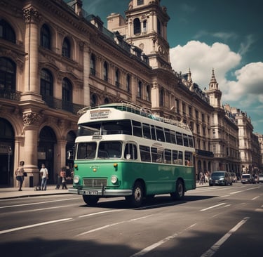 A group of travelers boarding a colorful bus.