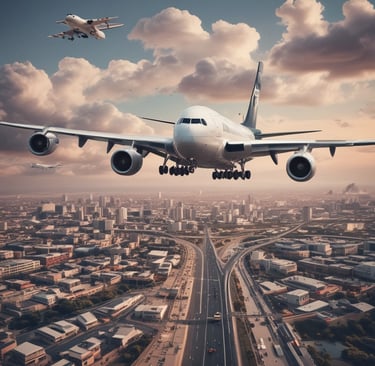 A vibrant city skyline with various modes of transport.