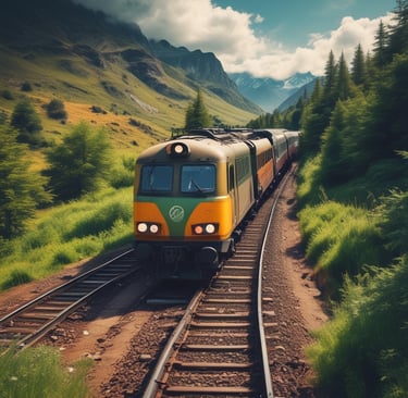 A train traveling through lush green countryside.