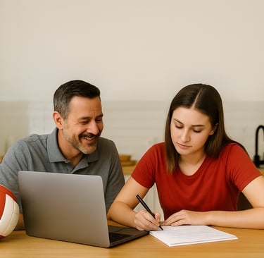 Dad sitting with his daughter as she writes a letter to college coache!