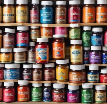 A store shelf filled with various health and wellness products, including lotions, creams, and lip balms. The shelf features brands like Charlotte's Web, Social, Joy, and Green Roads. Products are labeled with prices and organized neatly by brand. The shelf is painted in a light green color, complementing the packaging design of many products.