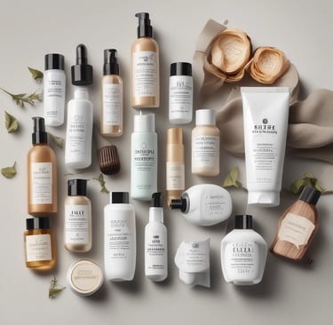 Shelves display a variety of personal care products in bottles and tubes, organized neatly in a store. A visible heart-shaped floor sign with a message encourages social distancing.