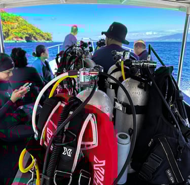 a group of scuba divers on a boat
