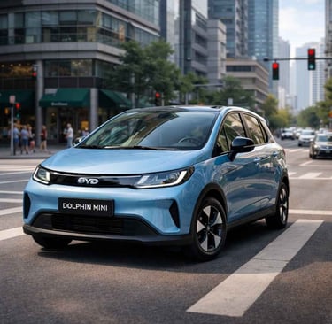 BYD Dolphin Mini elétrico circulando no trânsito urbano destacando economia, autonomia e praticidade no uso urbano