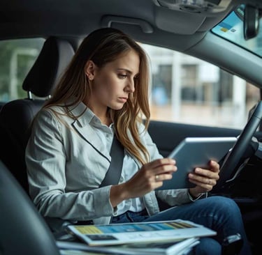 Motorista de aplicativo analisando opções de carros econômicos, com foco em modelos que oferecem baixo custo por km rodado.