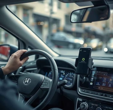 interior de um carro popular em uso para aplicativo, com o painel visível, volante moderno e um smartphone preso ao suporte.