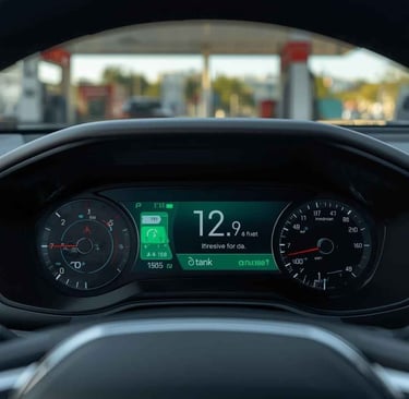 Close em um painel automotivo moderno mostrando consumo médio de combustível, autonomia e nível do tanque.