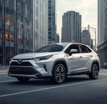 Imagem de um Corolla Cross em uma cidade com prédios ao fundo.