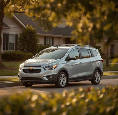 Imagem de um Chevrolet Spin com casas ao fundo.