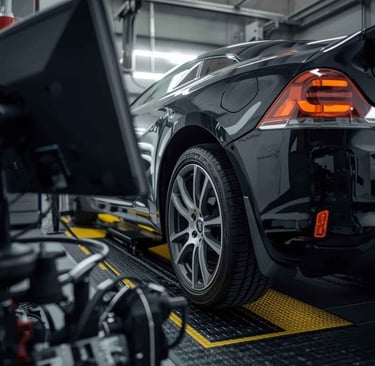 Carro em máquina de alinhamento computadorizado, com sensores nas rodas em uma oficina especializada.