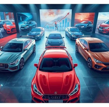 Carros modernos em um salão automotivo representando o crescimento das marcas automotivas no ano 