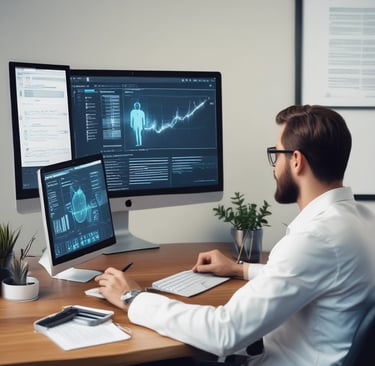 A man in a suit is working at a desk with a dual-monitor setup showing SEO presentation slides and data charts. The office environment is bright, with natural light coming from a nearby window, and a Rubik's cube is placed in front of the monitor.