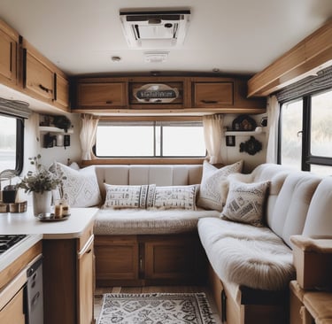 A cozy, transformed RV interior showcasing DIY decor.