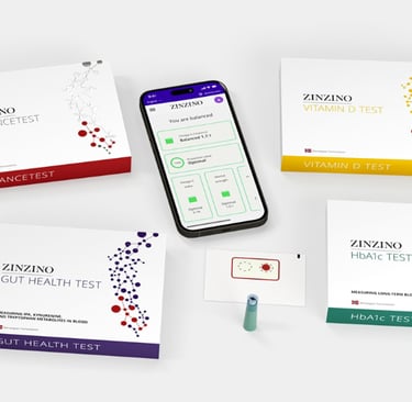 Zinzino blood test kits for HbA1c, gut health, Vitamin D, and BalanceTest shown with a mobile health app.