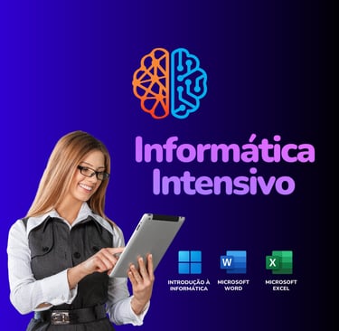 Curso Informática Intensivo: Mulher de cabelo liso e óculos segurando um tablet e alguns logotipos