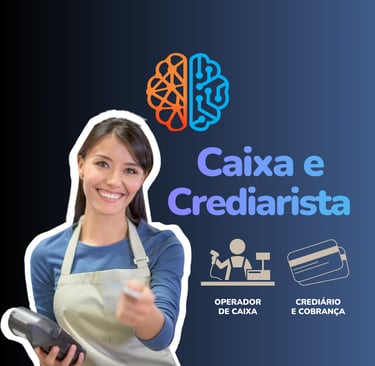 Curso de Operador de Caixa: Imagem em degradê preto c/ cinza c/ título Caixa e Crediarista