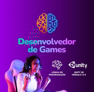 Curso de Criação de Games: Imagem degradê em roxo e preto c/ uma mulher gamer