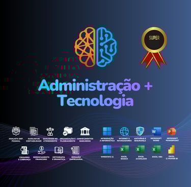 Curso de Administração e Tecnologia: Imagem em degradê com logotipos e título do curso