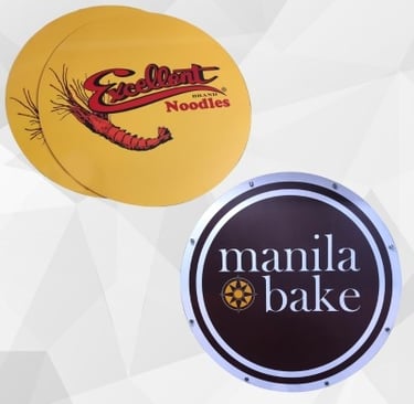 a round sign with a picture of a shrimp and a shrimp made in prime acrylics
